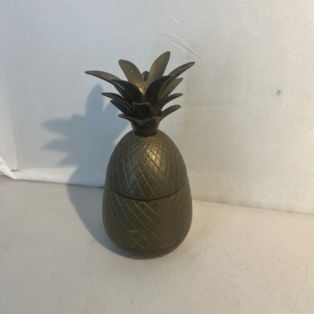 Vintage Medium Solid Brass Pineapple Container Hollywood Regency Style MCM 7.5 